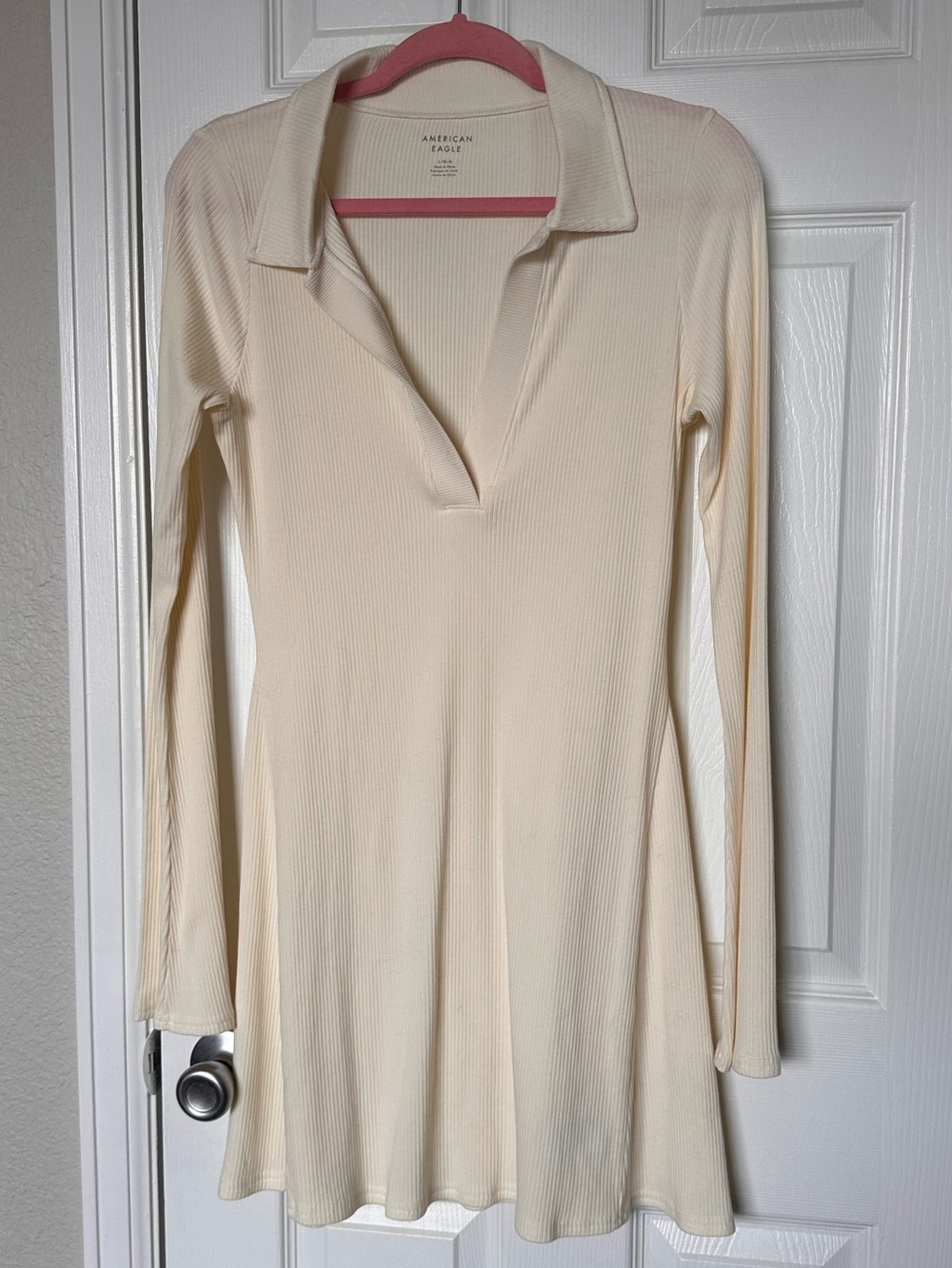 American Eagle Cream Ribbed Long-Sleeve Polo Dress